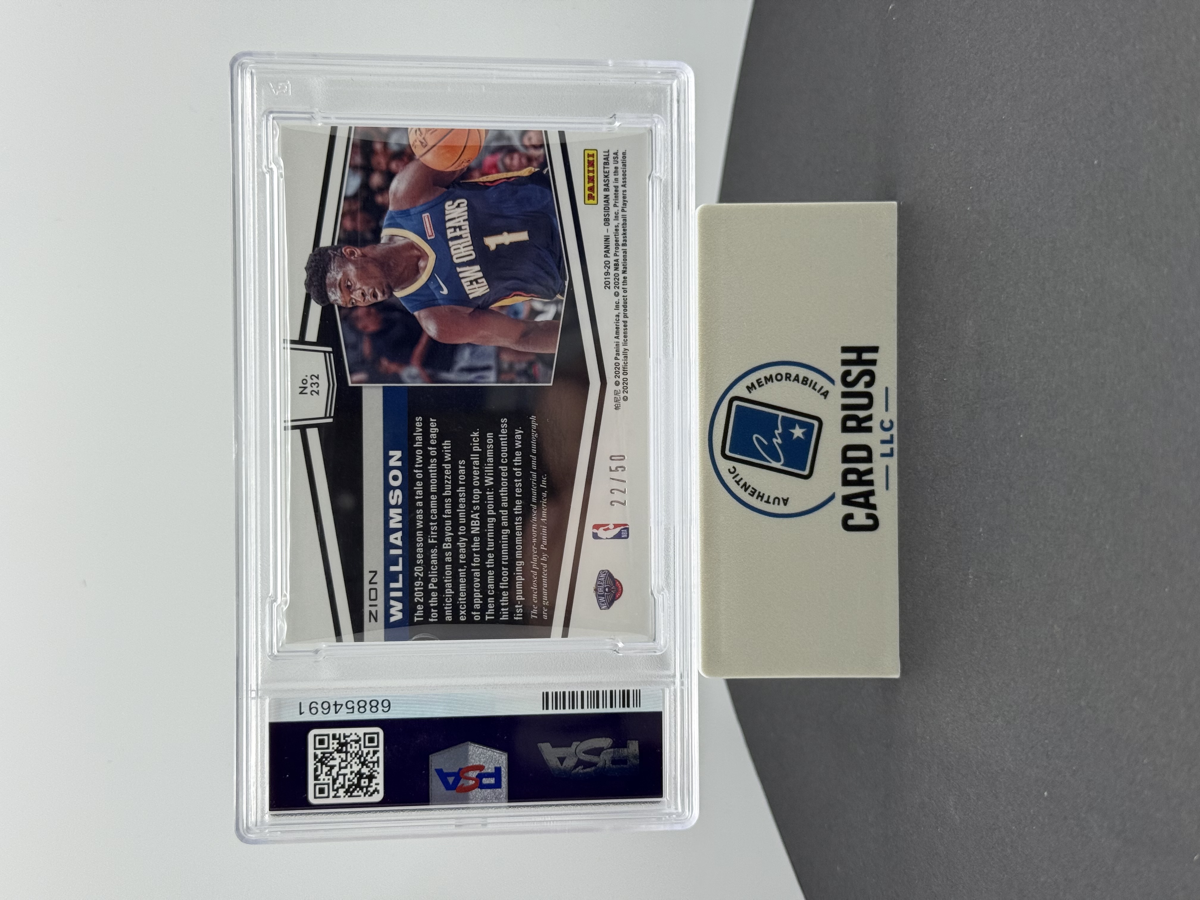 2019 Panini Obsidian Zion Williamson RPA Rookie Card, back