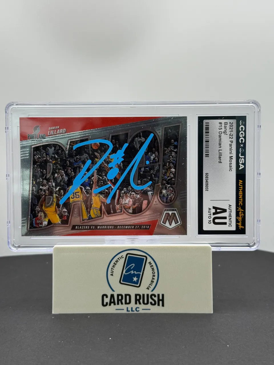 2021-22 Panini Mosaic Bang! Damian Lillard In Person Auto 10 CGC/JSA Authentic