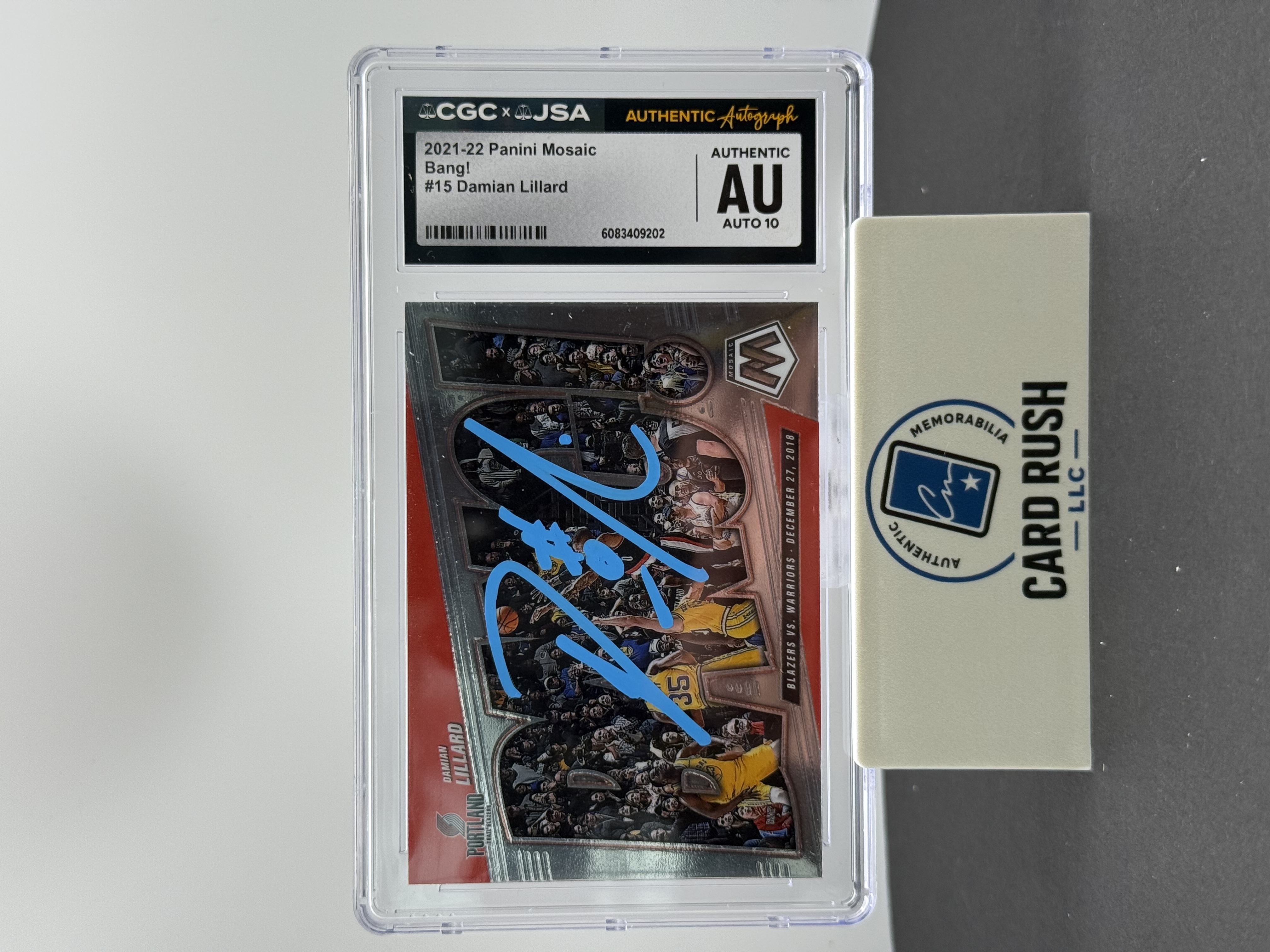 2021-22 Panini Mosaic Bang! Damian Lillard In Person Auto 10 CGC/JSA Authentic, front