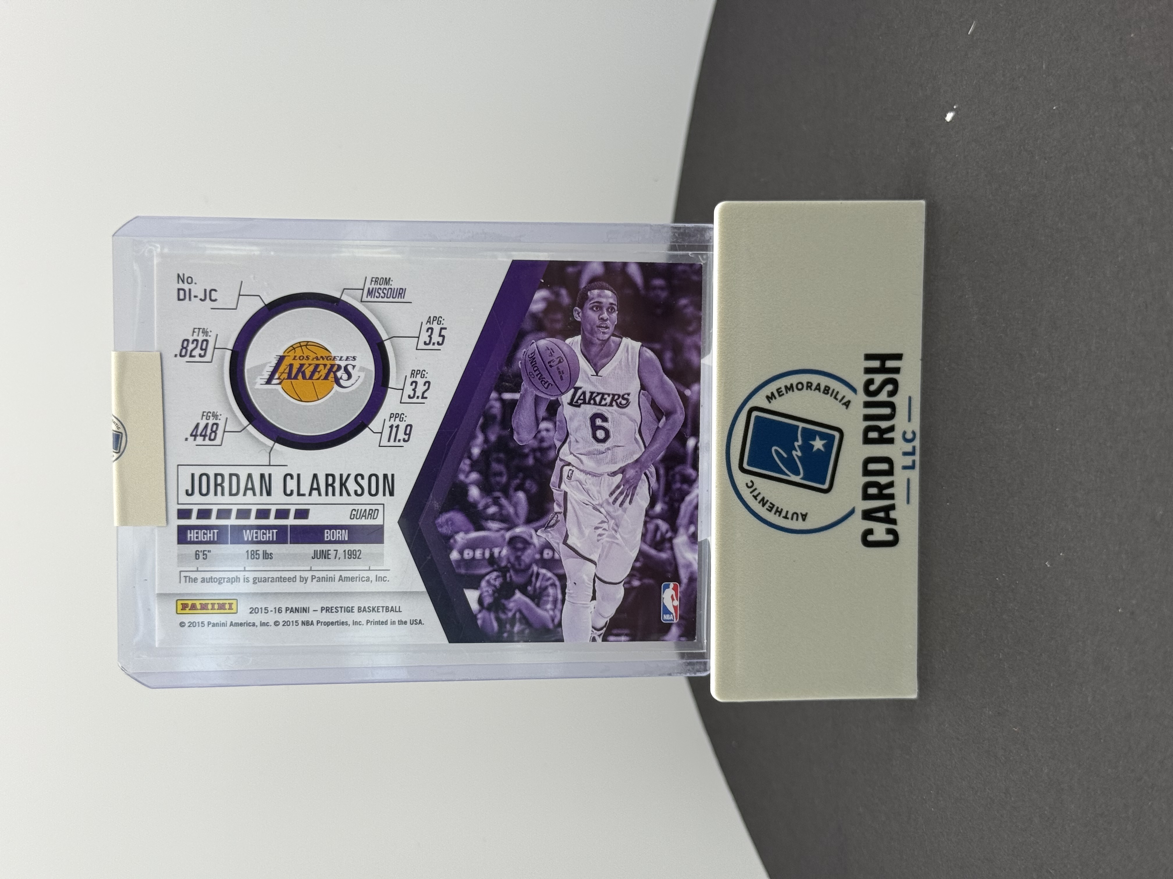 2015-16 Panini Prestige Jordan Clarkson Autographed Basketball Card, back