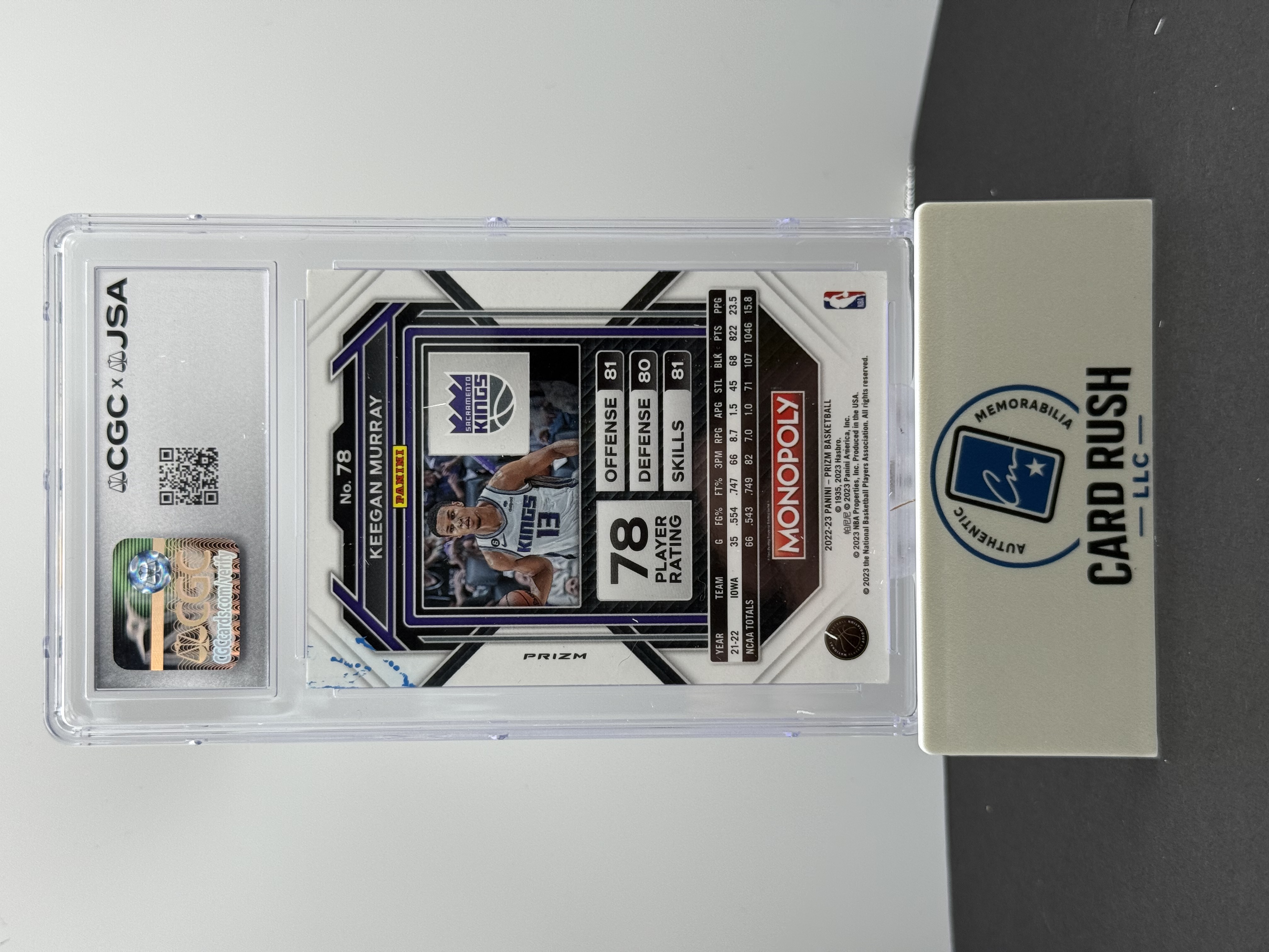 2022-23 Panini Prizm Monopoly Keegan Murray GO Space IP Auto RC CGC/JSA, back