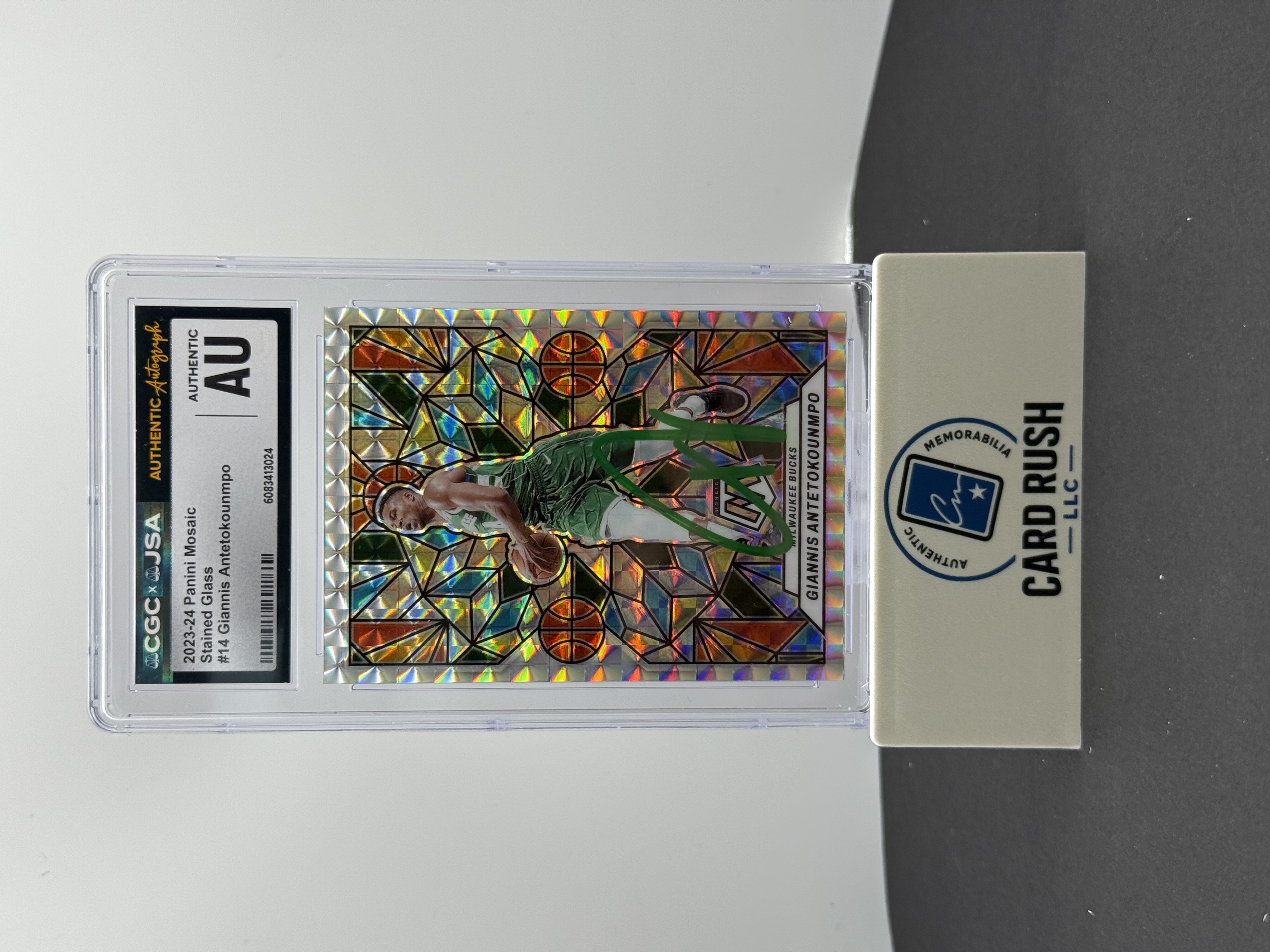 2023-24 Panini Mosaic Stained Glass Giannis Antetokounmpo IP Auto CGC Authentic, front