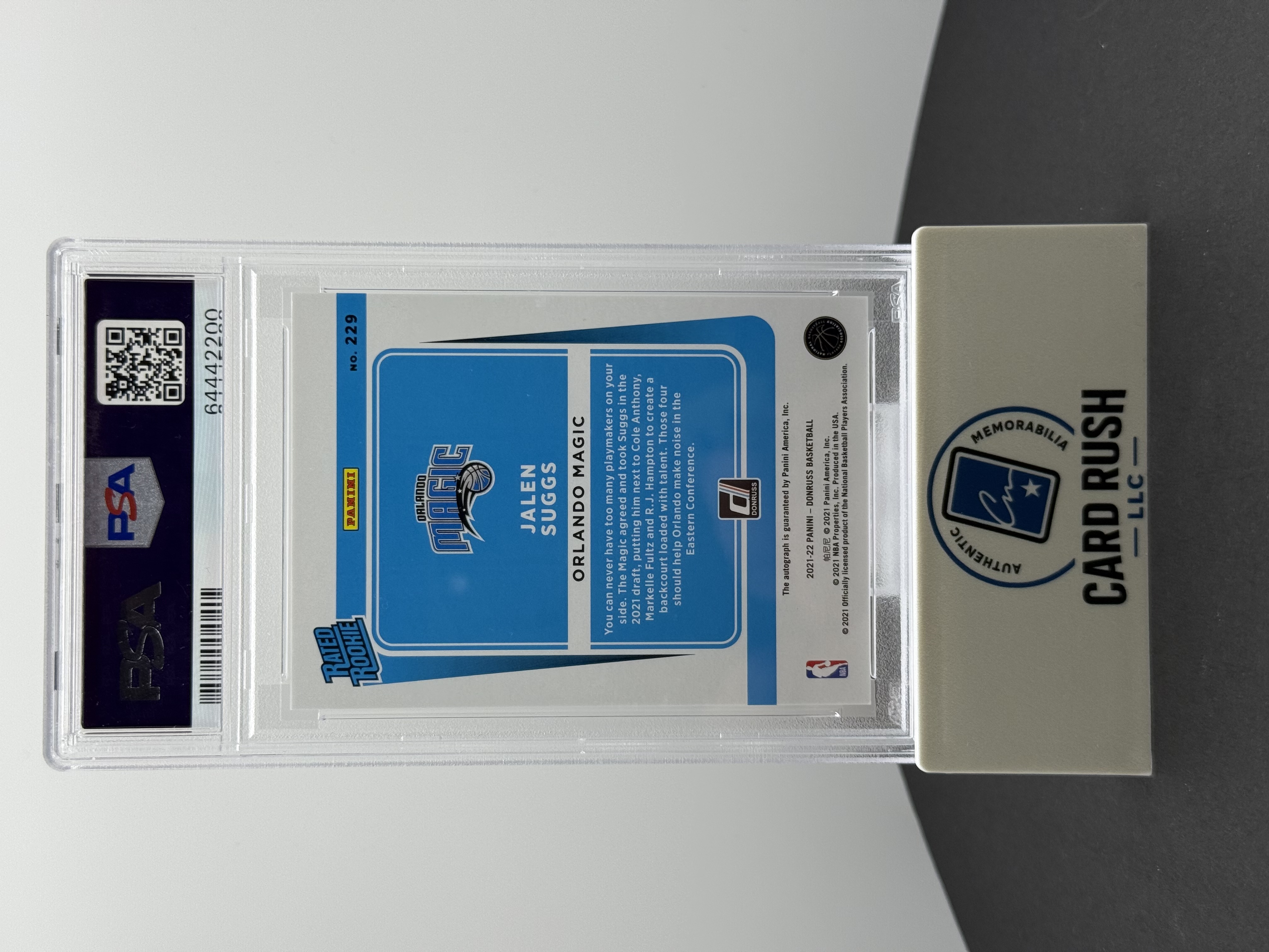 2021-22 Donruss Jalen Suggs Rated Rookie Signature Blue Choice Card, back