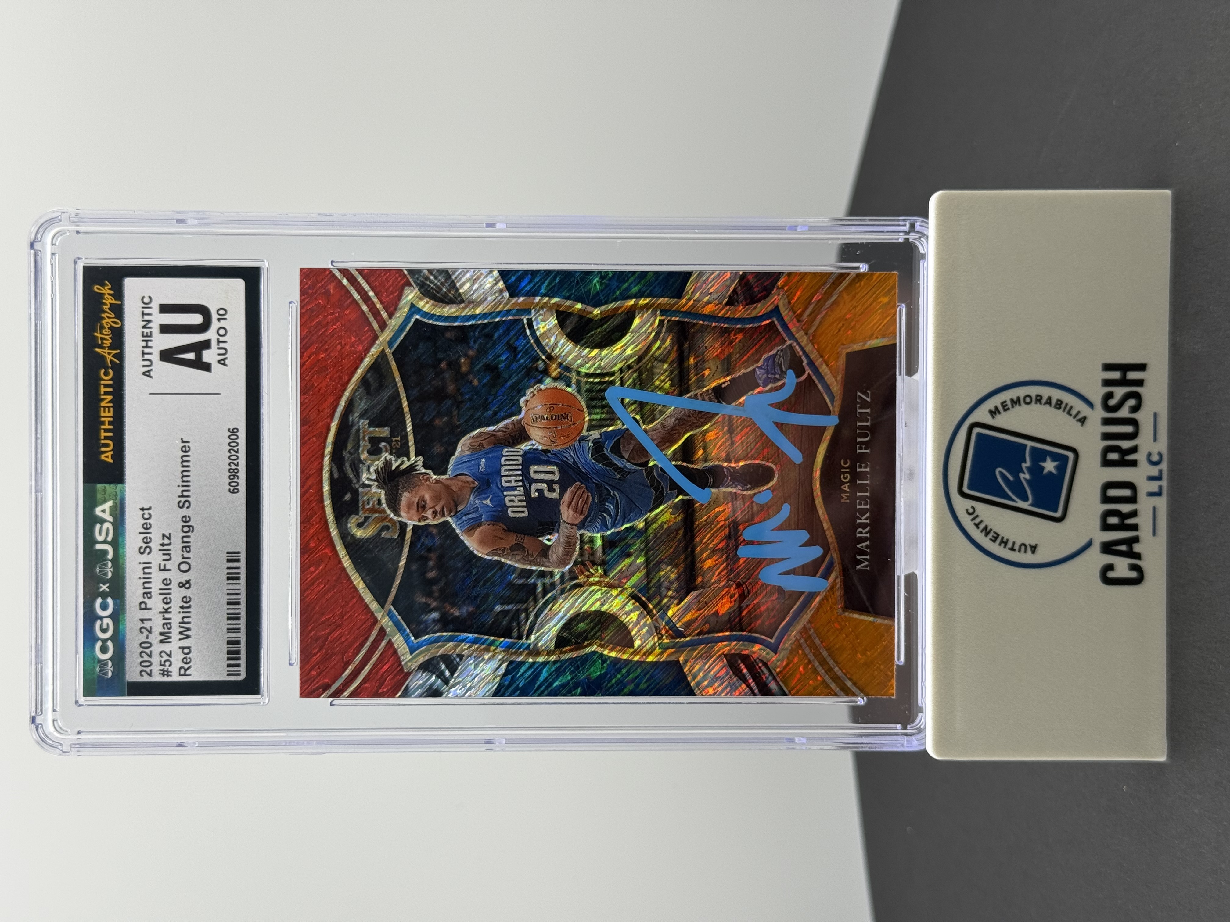 2020-21 Panini Select Red White Orange Shimmer Markelle Fultz In-Person Autograph, front