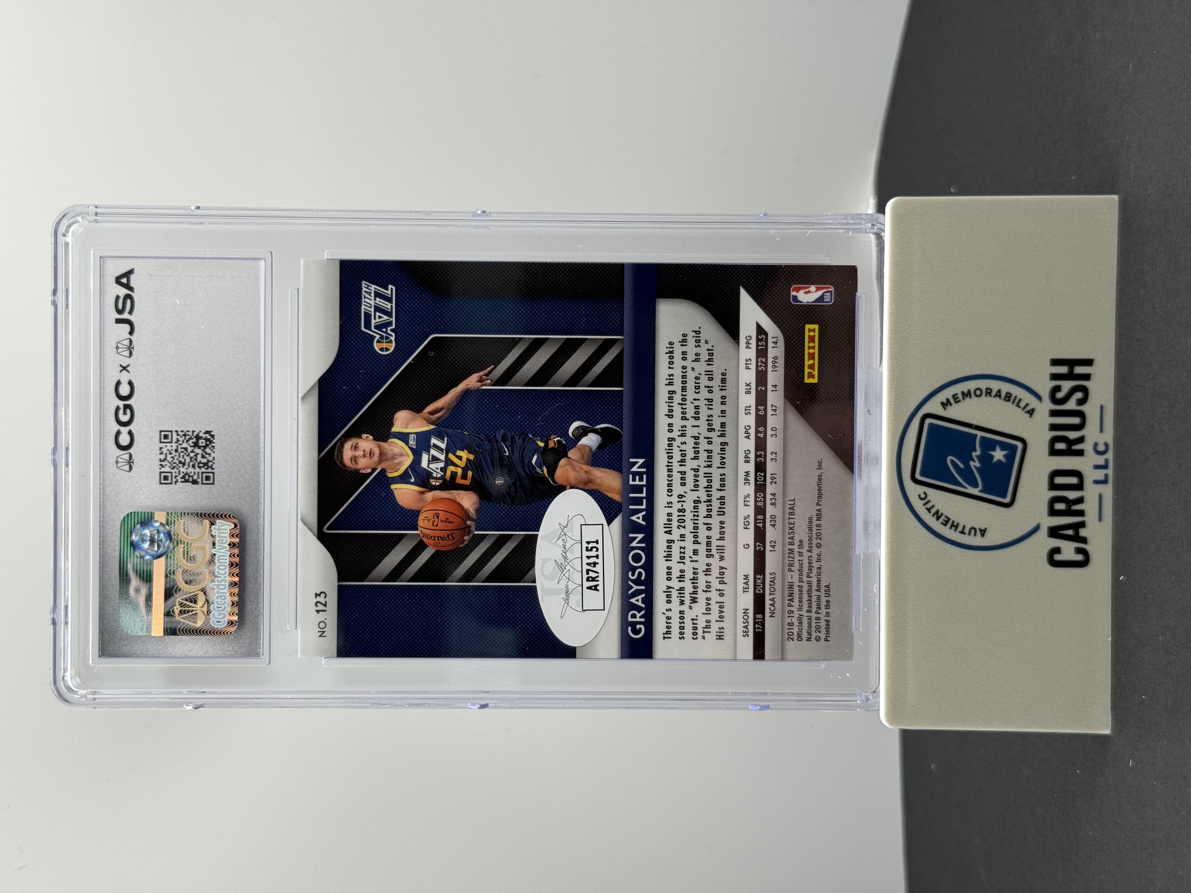 2018-19 Panini Prizm Grayson Allen RC In Person Auto CGC/JSA Authentic, back
