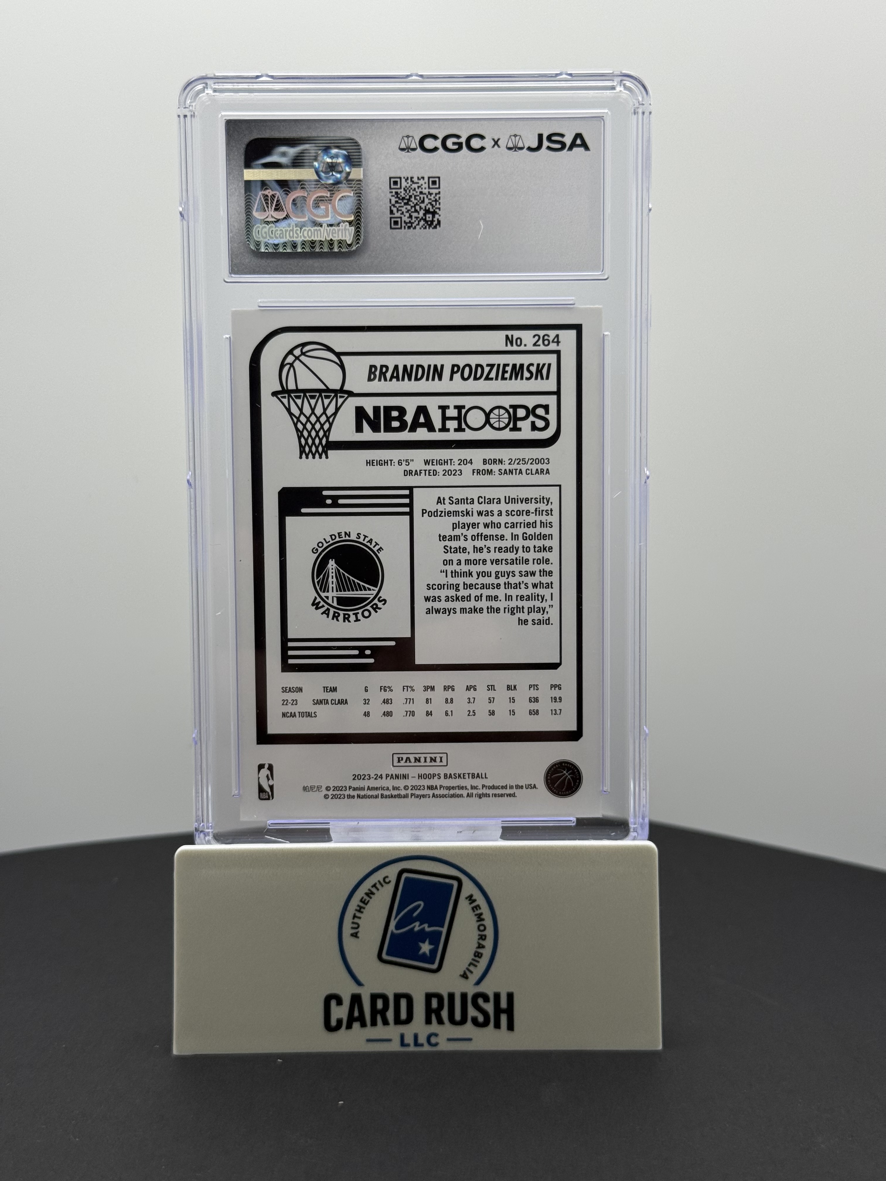 2023-24 Panini Hoops Brandin Podziemski RC In-Person CGC/JSA Graded Auto 10!, back