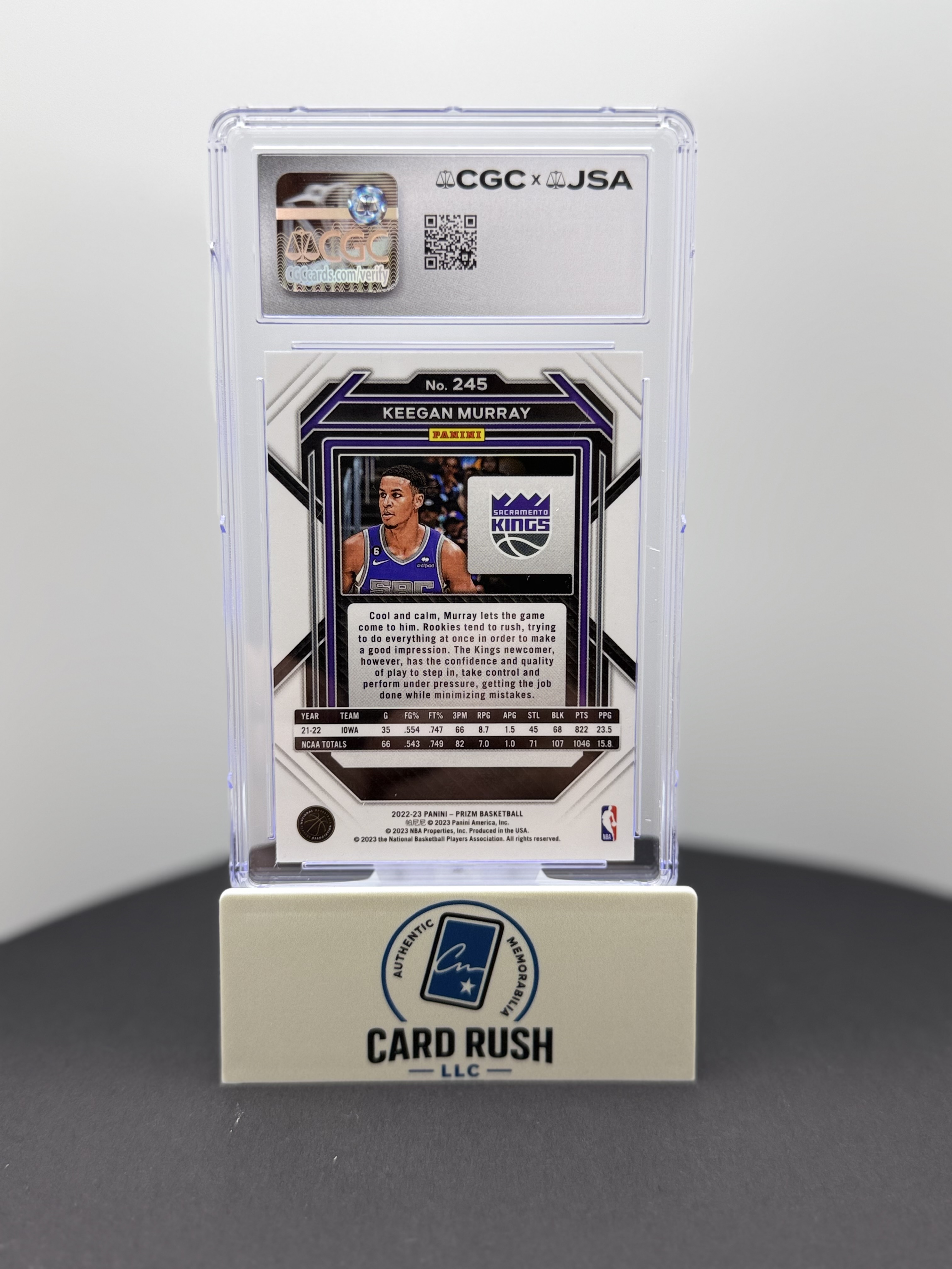 2022-23 Panini Prizm Keegan Murray RC In-Person CGC/JSA Graded Auto 10, back