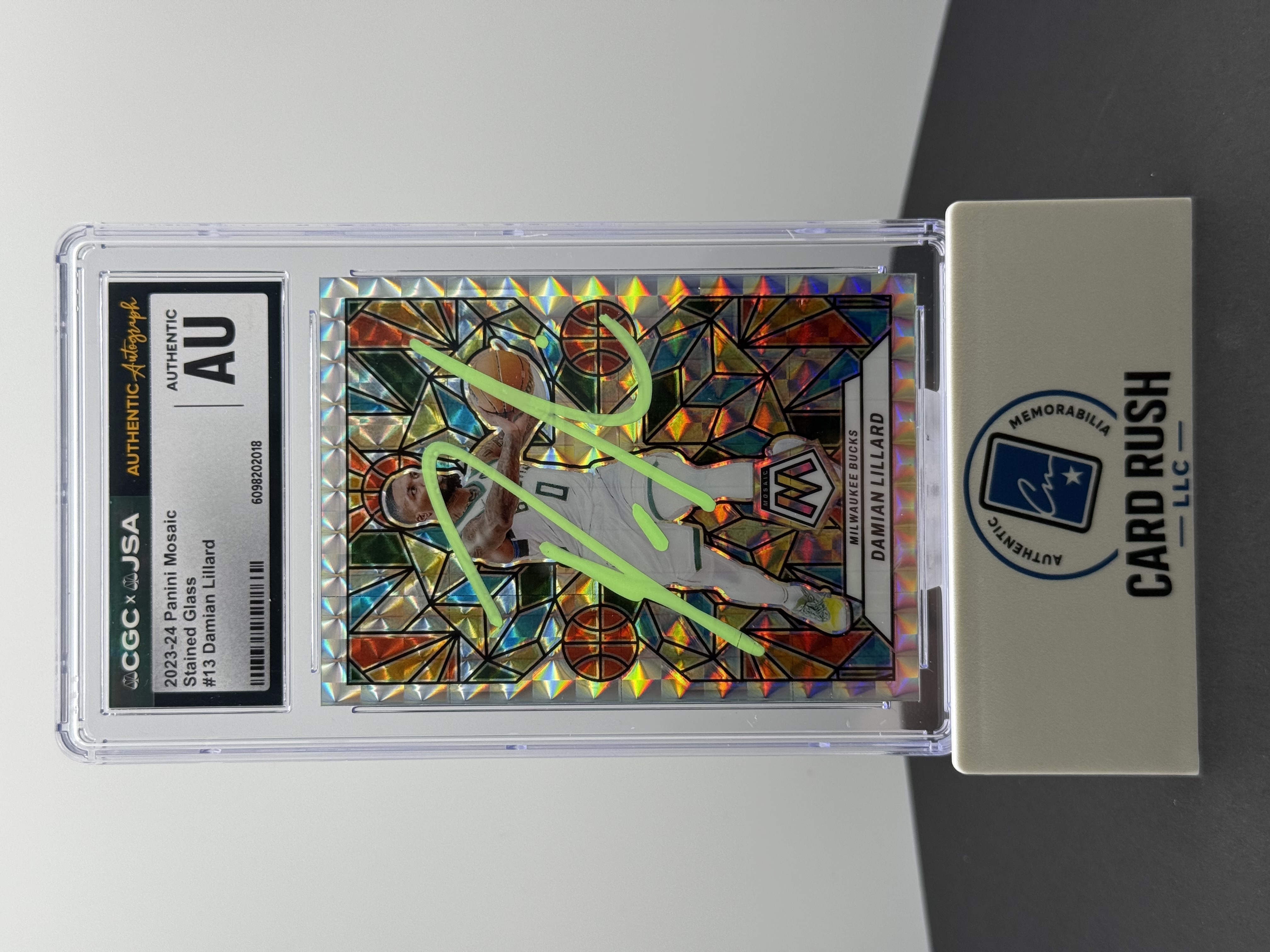 2023-24 Panini Mosaic #13 Damian Lillard STAINED GLASS IP AUTO CGC/JSA Authentic, front